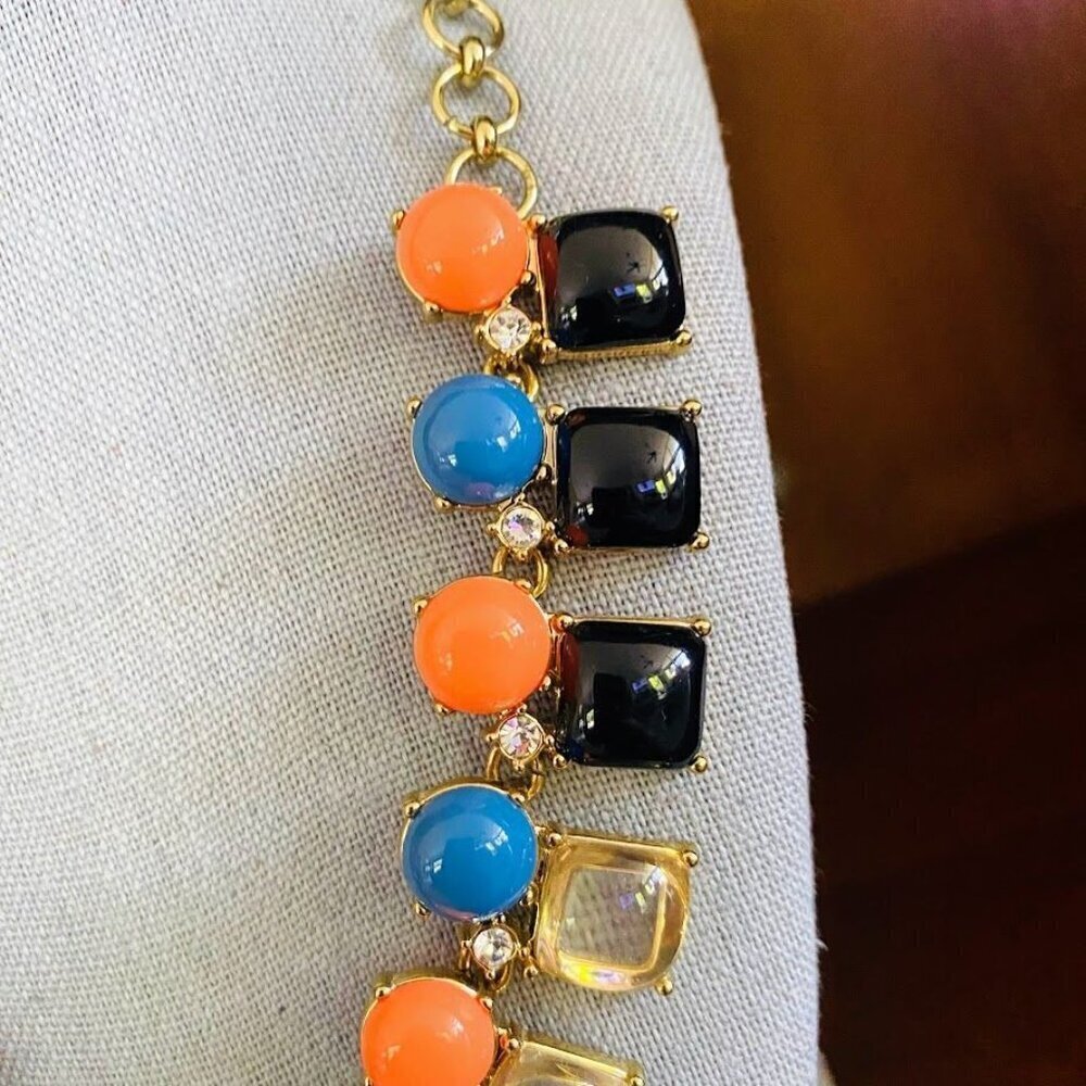J. Crew Gold-Tone Statement Necklace Blue Black Clear Fluorescent Orange - Picture 3 of 4
